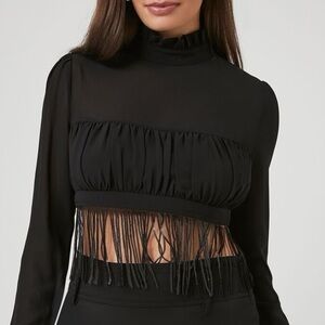 Forever 21 Fringe Mock Neck Crop Top Black